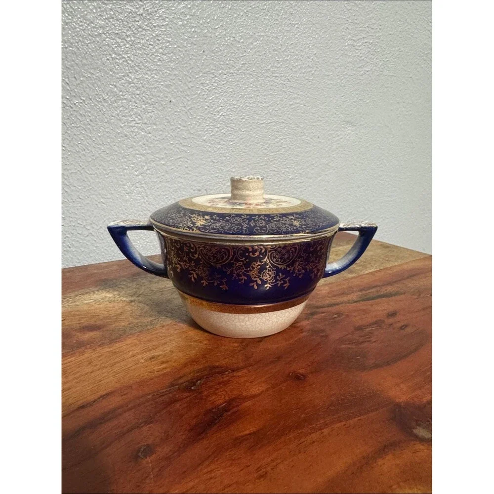 Vintage Salem Century Cobalt Blue Sugar Bowl 23K Gold Filigree Fine China w Lid